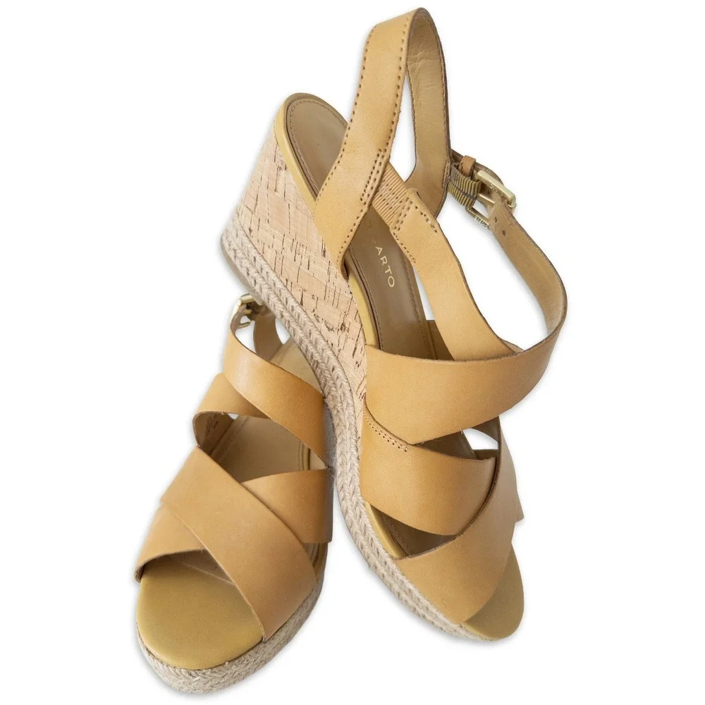 Franco Sarto Kelsy Wedge Sandals Womens 9M Tan Leather Cork Espadrille Boho